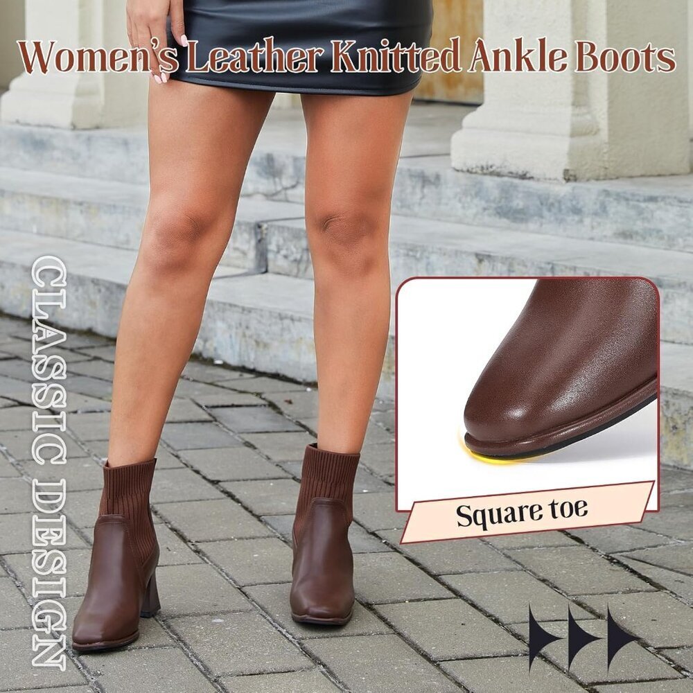 Women's Brown Square Toe Ankle Boots Low Block Heel Chelsea Boots Back Zipper - Picture 3 of 6